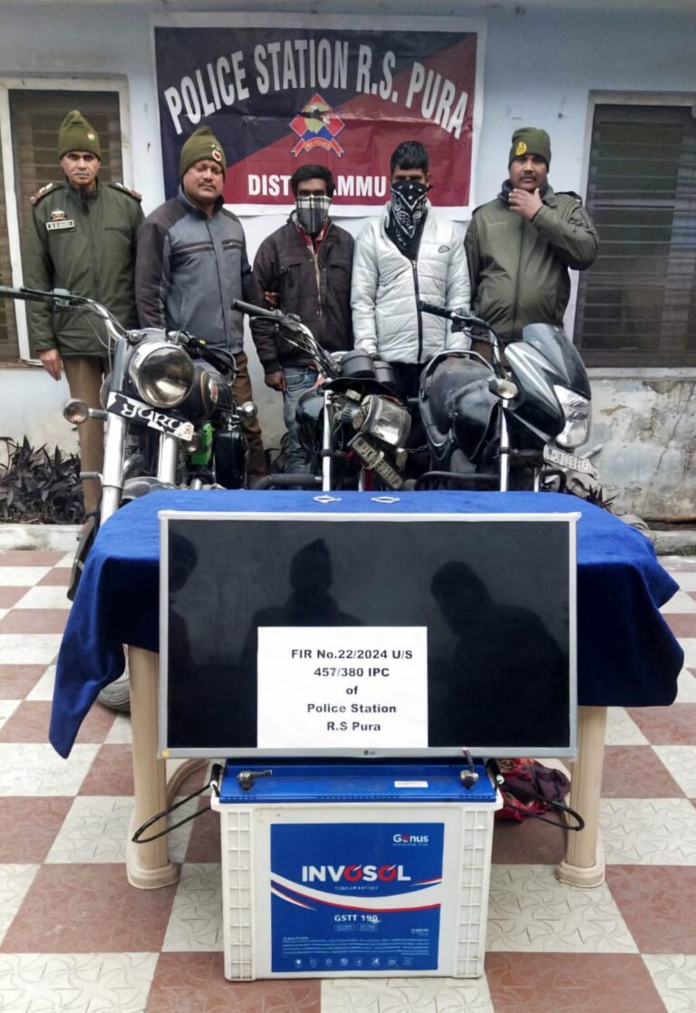 Theft case solved, three Motorcycles, one LCD, Invertor Battery, silver ornaments worth Rs 1,64,000/- recovered by PS RS Pur